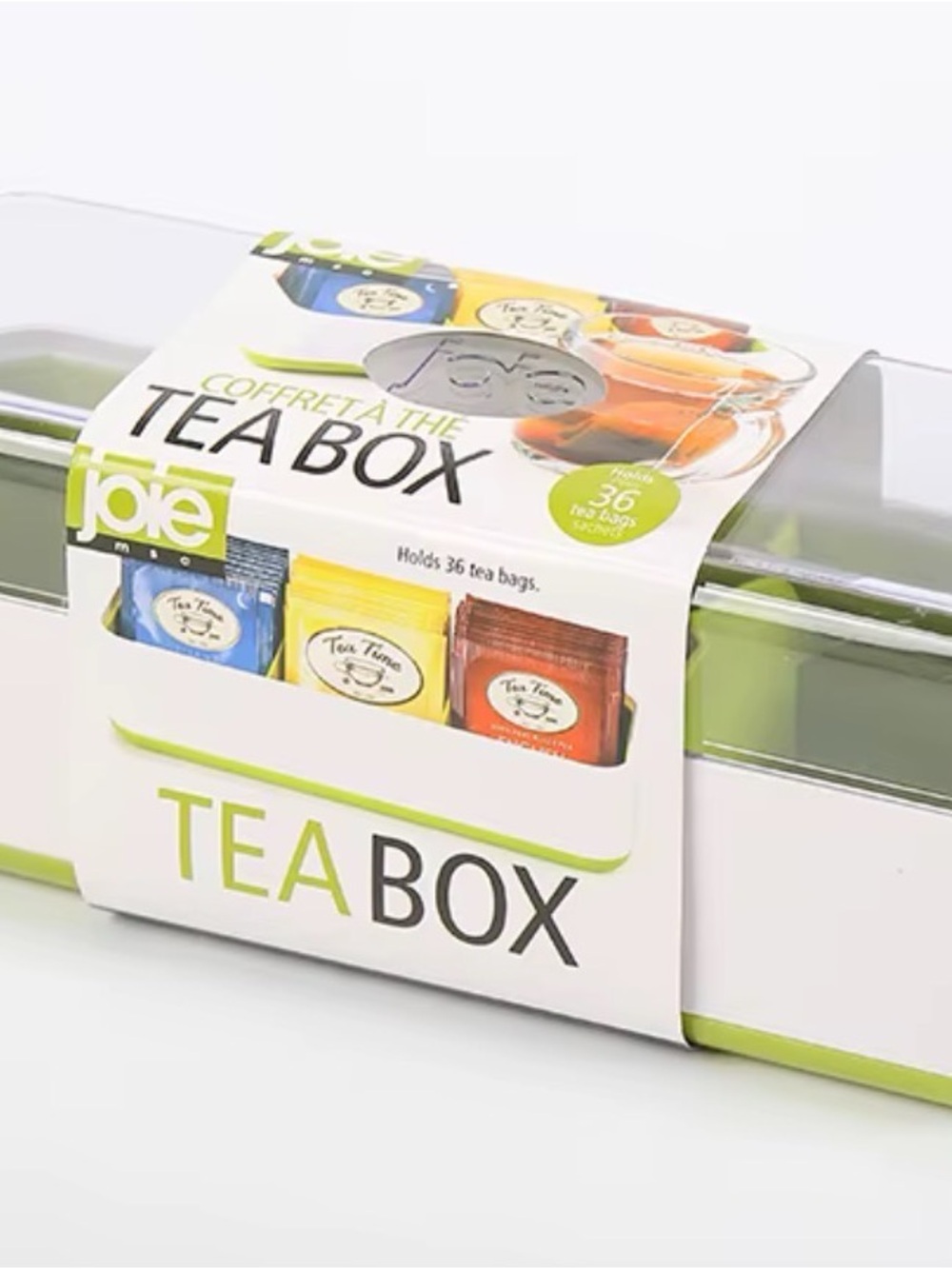 Joie Green and White Tea Box Organizer with Clear Lid holds 36 tea bags